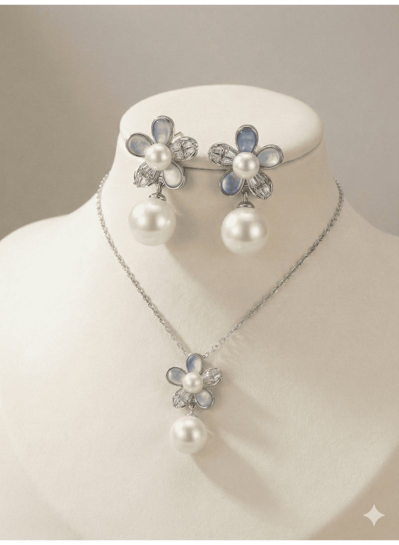 The "Azure Whisper" Floral Pearl Drop Jewelry Set